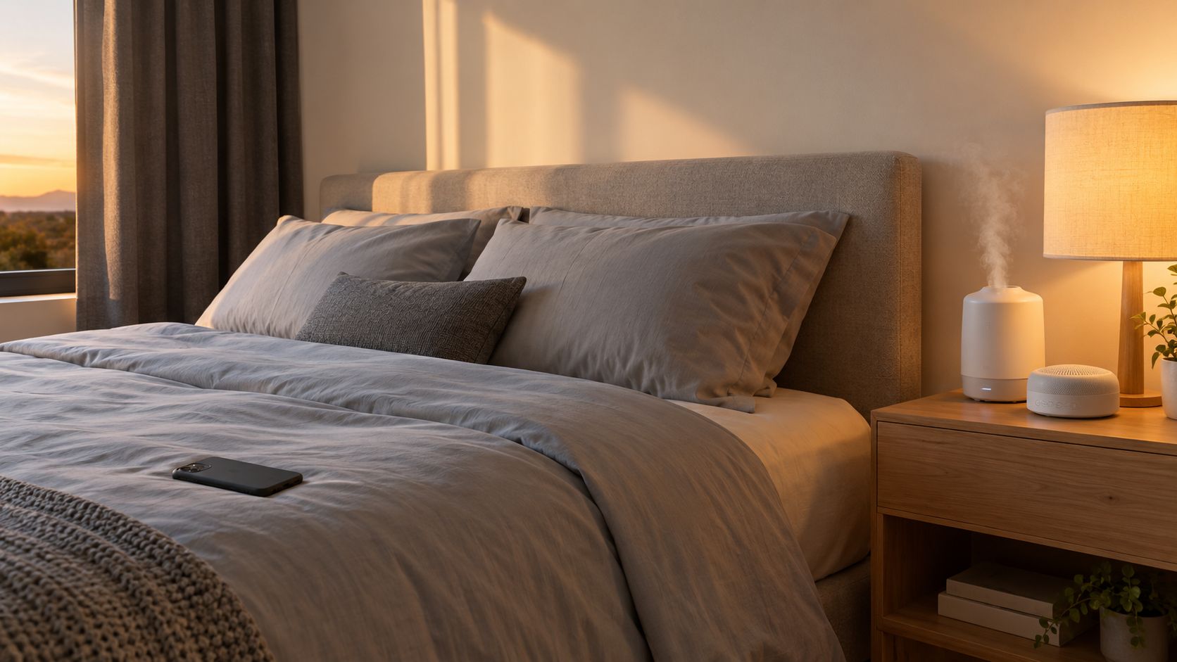 A cozy bedroom with a neatly made bed, sunset view, and a bedside humidifier at dusk.