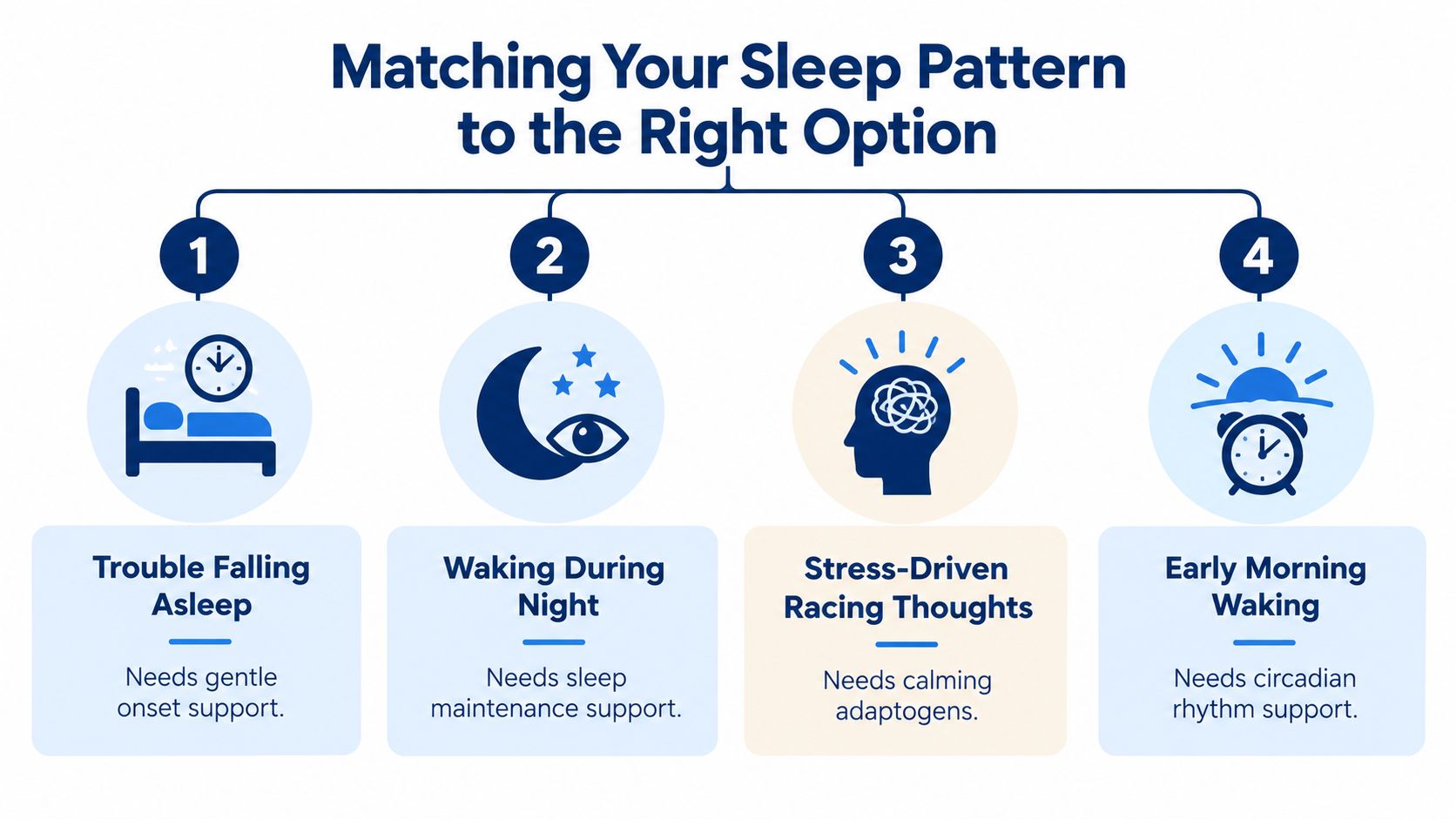 A diagram matching different sleep patterns like trouble falling asleep and racing thoughts to specific support needs.
