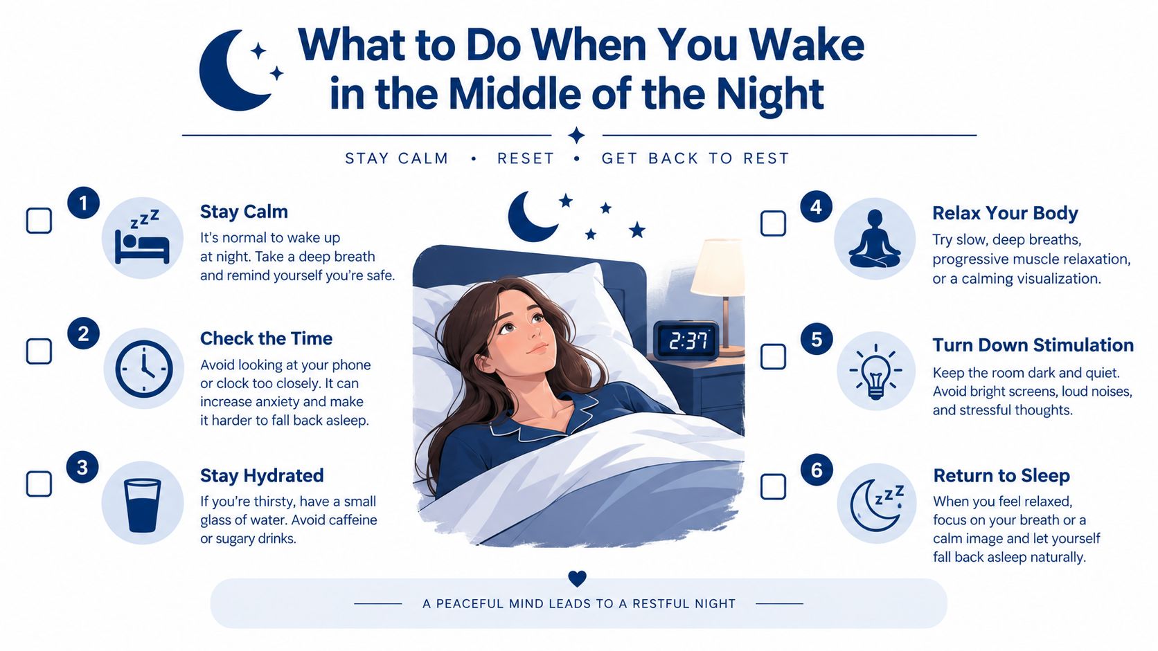 A helpful infographic outlining six tips to help people fall back asleep after waking up at night.