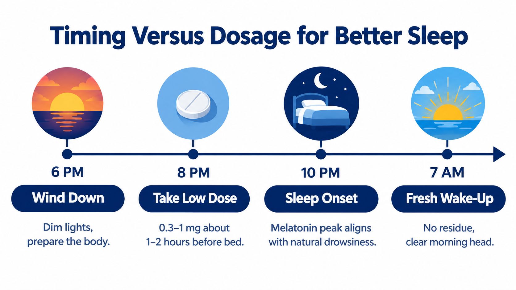 A timeline graphic showing the schedule for taking a low dose of melatonin for optimal sleep.