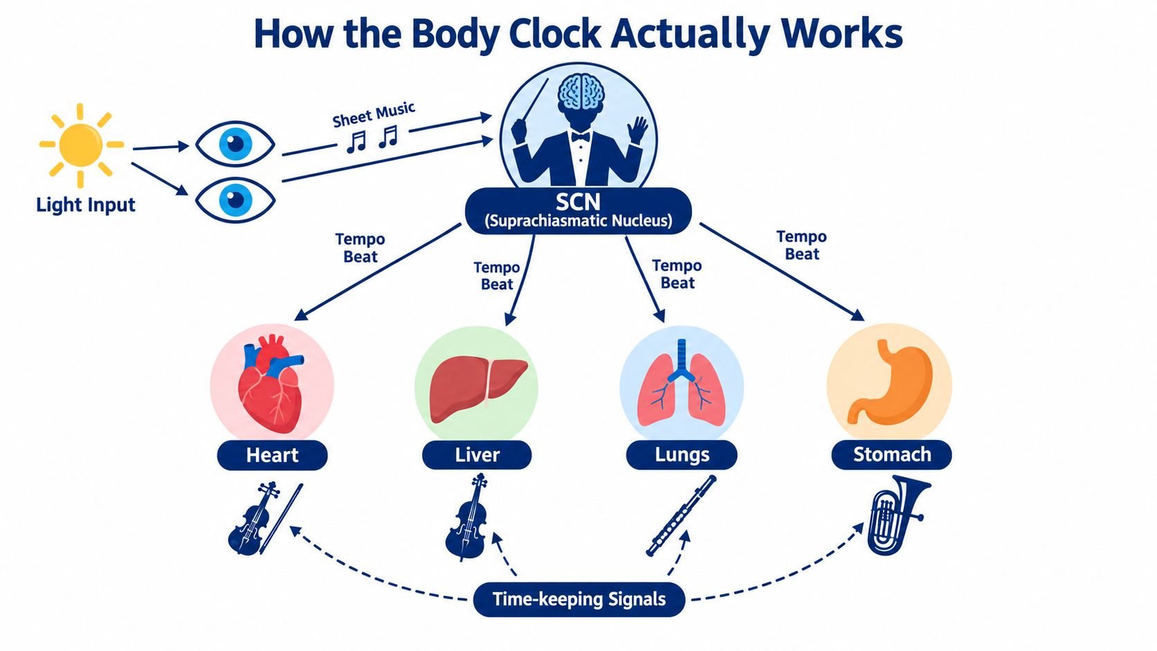 A diagram illustrating how the Suprachiasmatic Nucleus acts as a conductor for the body's circadian rhythm.