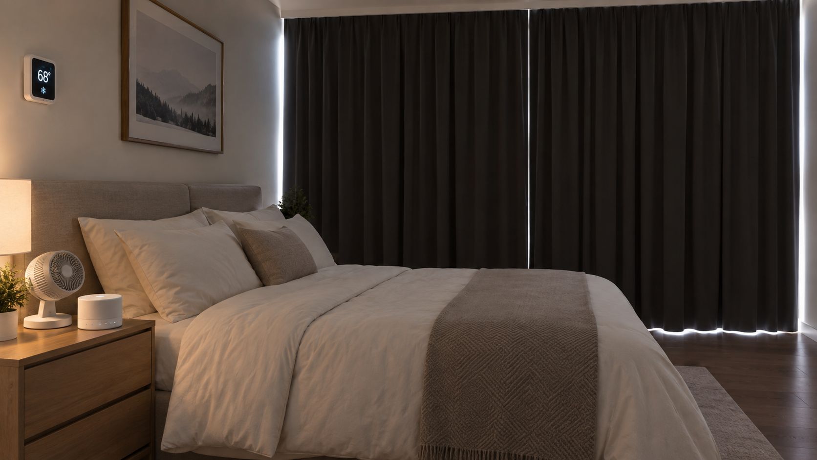 A cozy, dim bedroom set up for daytime sleep with blackout curtains and a smart thermostat at 68 degrees.