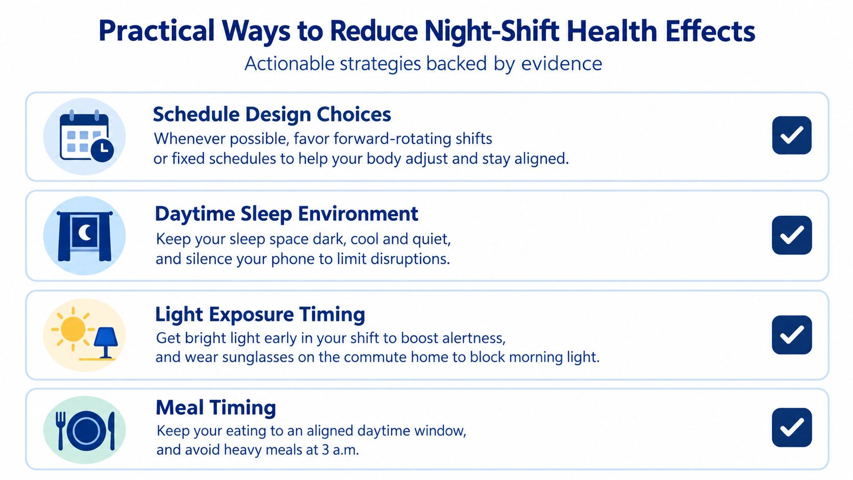 An infographic titled Practical Ways to Reduce Night-Shift Health Effects, listing strategies for better sleep and well-being.
