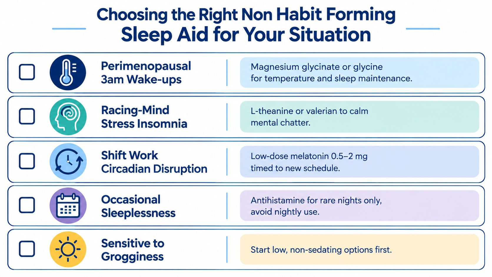 A chart showing non-habit-forming sleep aid recommendations for various sleep issues like stress and shift work.
