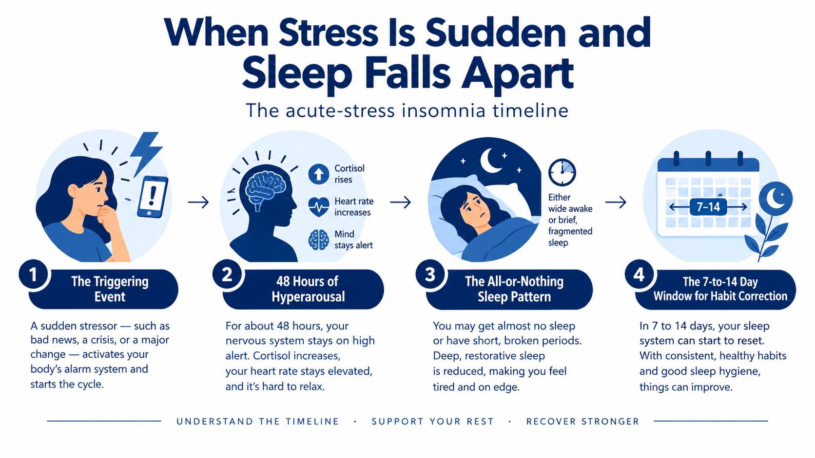 An infographic showing the four-step acute-stress insomnia timeline, starting from a triggering event to habit correction.