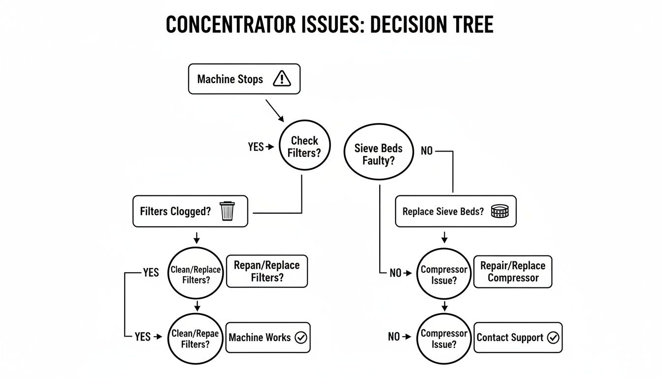 Decision tree flowchart outlining steps for troubleshooting and repairing oxygen concentrator issues.