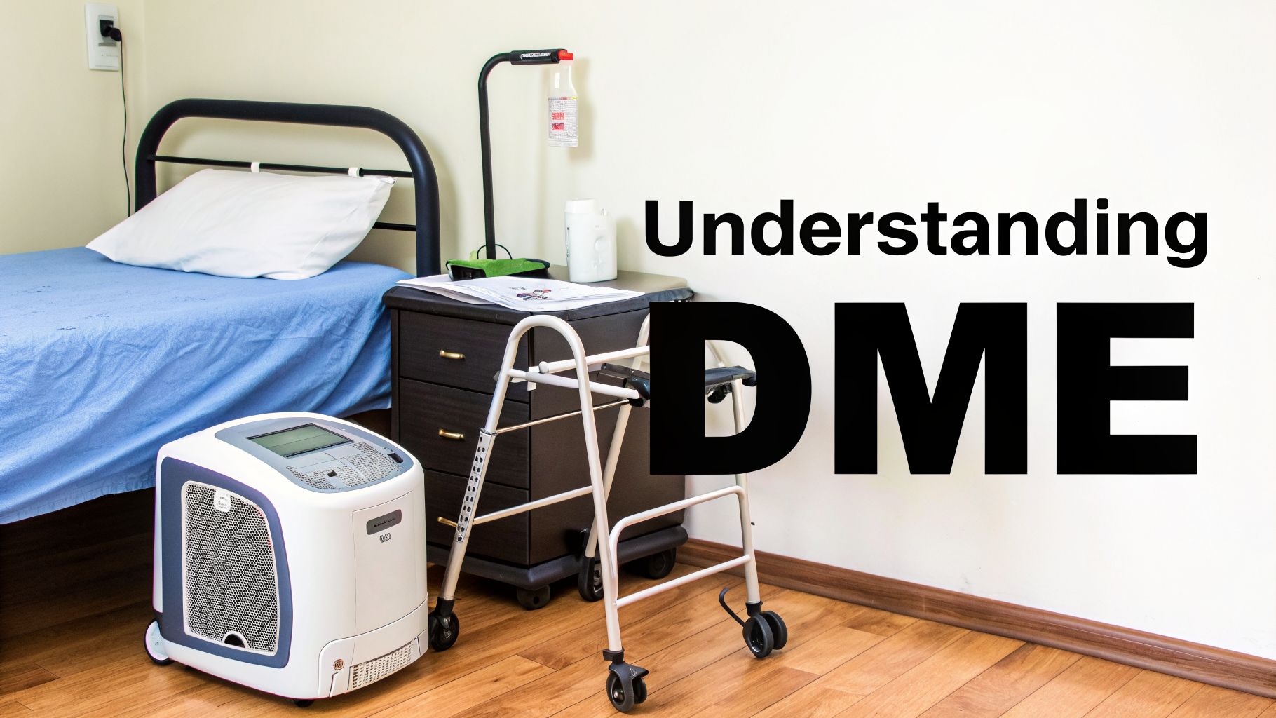 A patient room with a hospital bed, walker, oxygen concentrator, and 'Understanding DME' text.