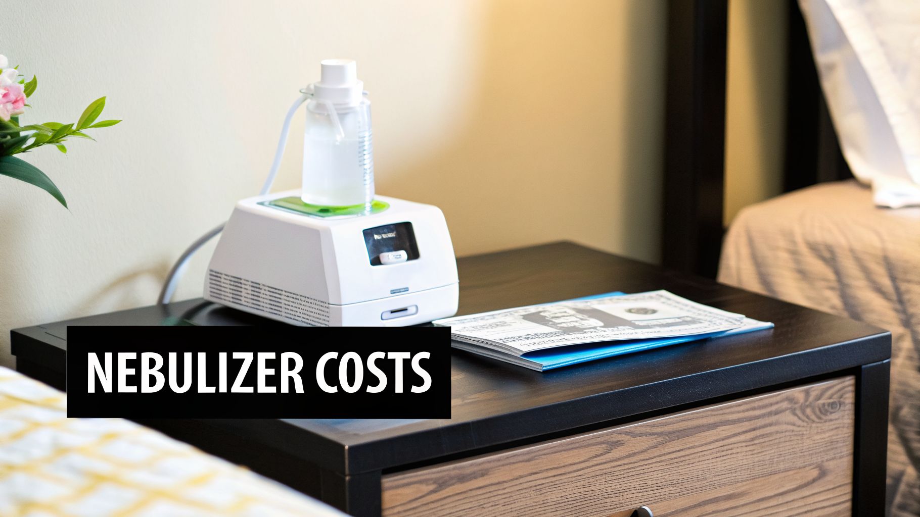 A nebulizer machine sits on a bedside table next to a stack of money, with 'NEBULIZER COSTS' text overlay.