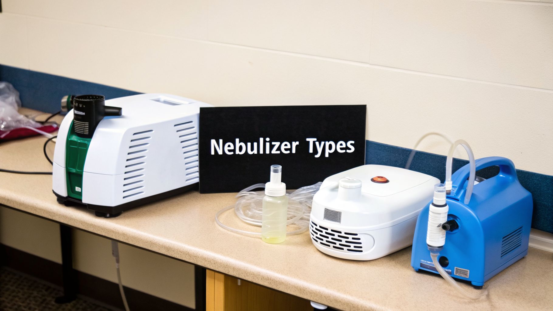 Three different types of nebulizer machines are displayed on a table next to a 'Nebulizer Types' sign.