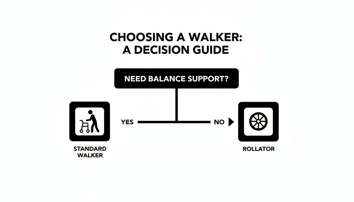 A decision guide for choosing a walker: Standard walker if balance support is needed, rollator if not.