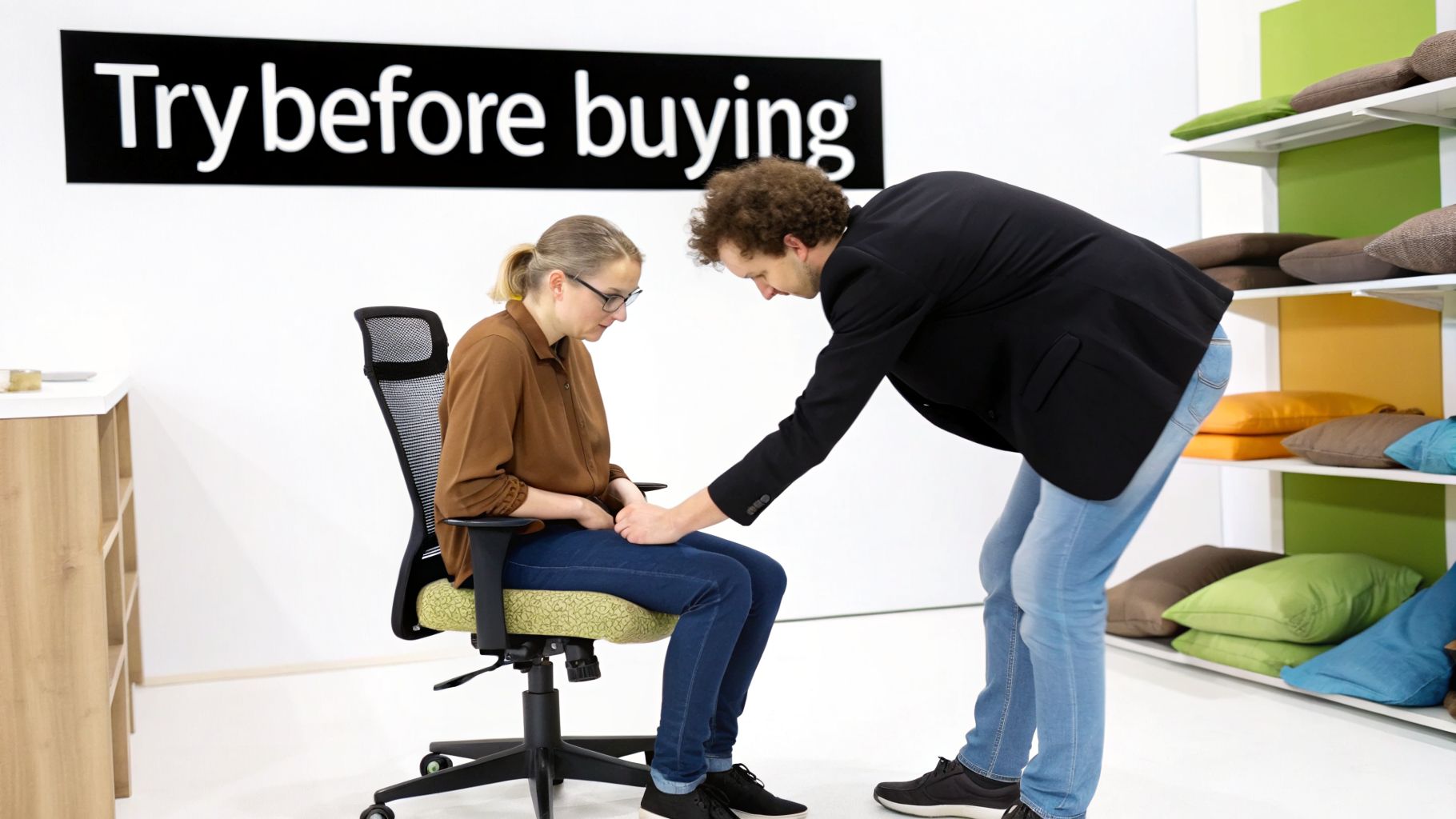 A man assists a woman sitting in an ergonomic office chair, trying it out under a 'Try before buying' sign.