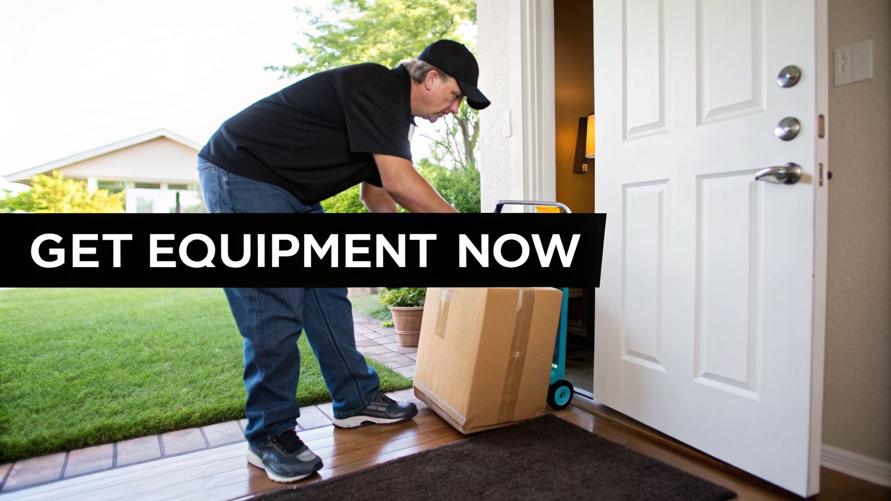 A delivery man brings a large cardboard box on a hand truck to a home's front door.