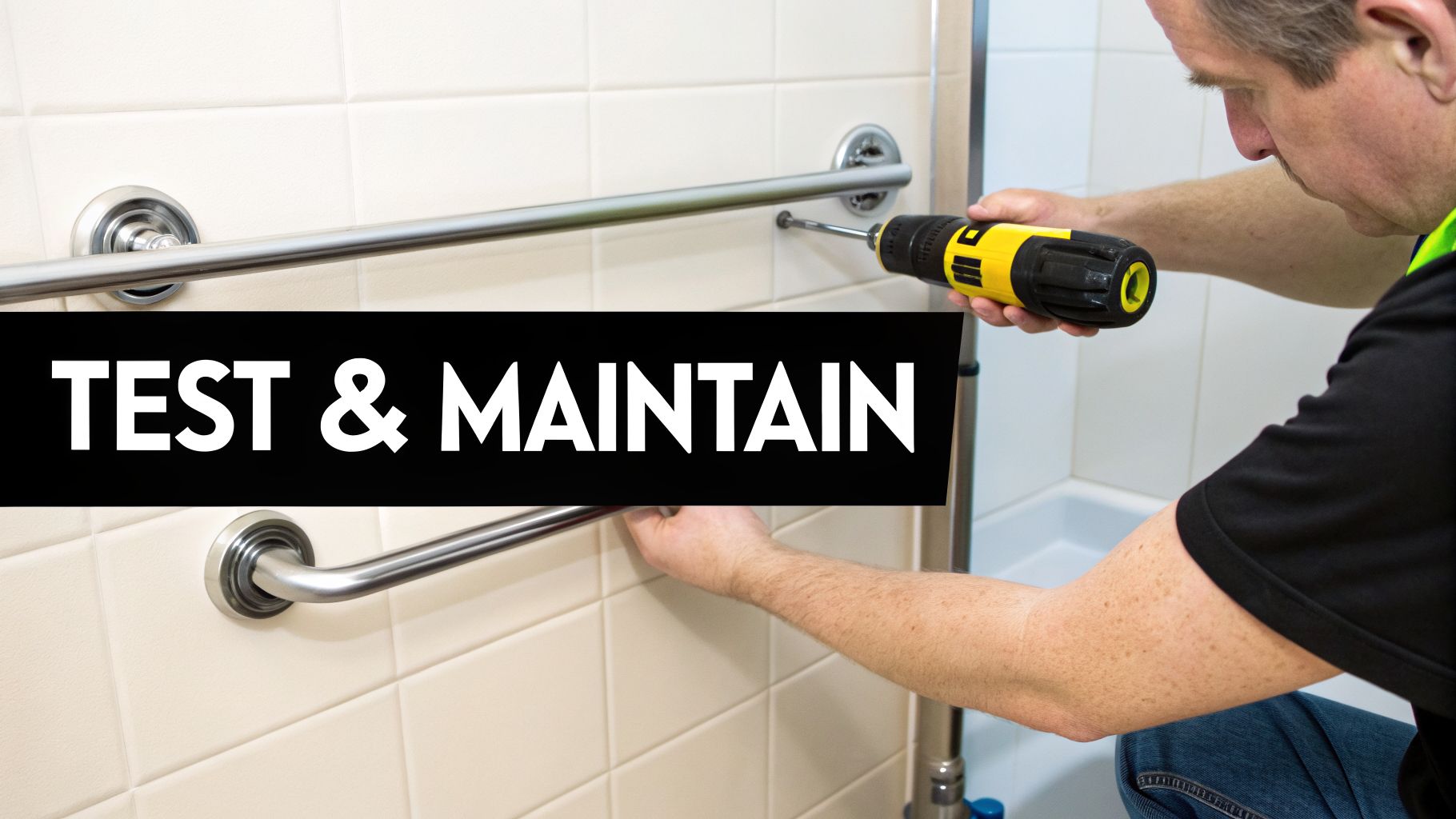 A man installs a silver grab bar on a tiled bathroom wall, holding a yellow screwdriver. Text: TEST & MAINTAIN.