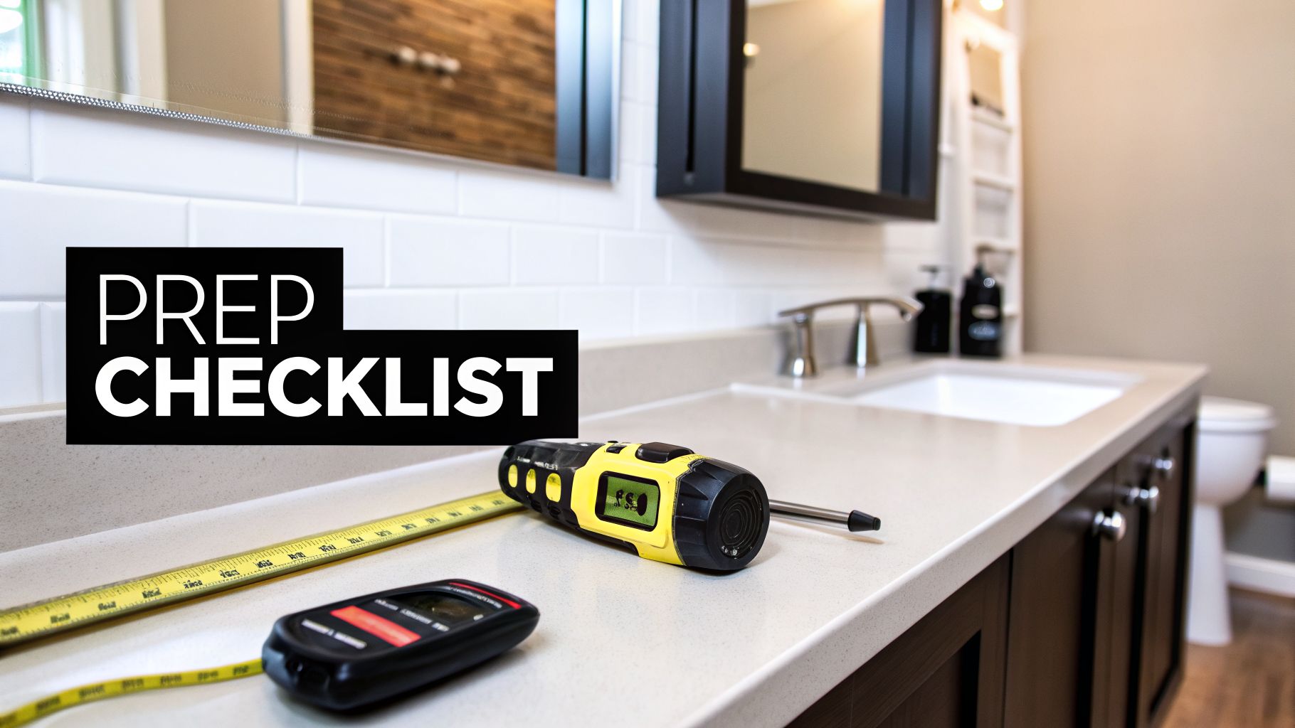 Bathroom counter with construction tools like a tape measure and stud finder, featuring a 'PREP CHECKLIST' overlay.