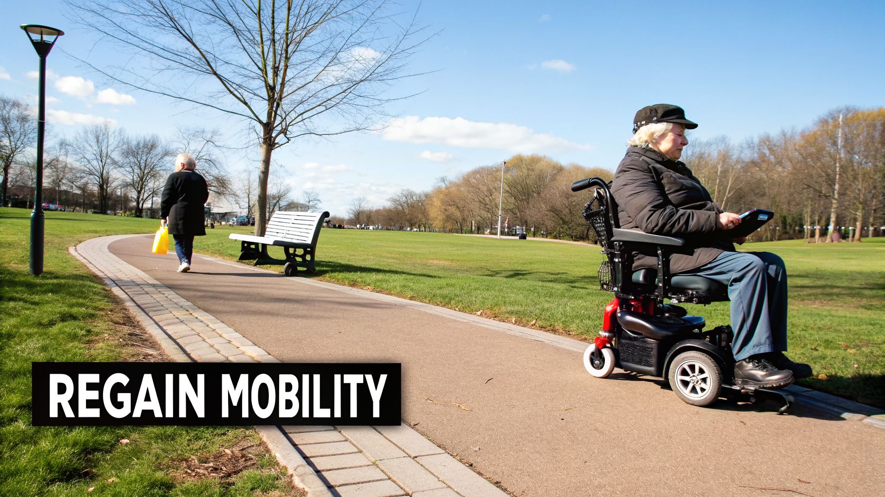 A senior in a motorized wheelchair on a park path, symbolizing regained mobility and independence.