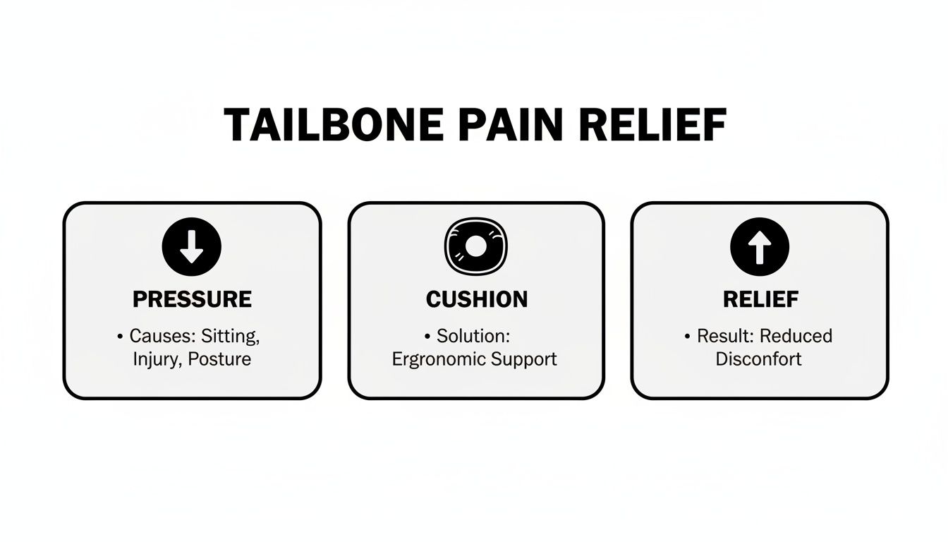 Infographic detailing tailbone pain relief through ergonomic cushion support, addressing pressure for reduced discomfort.