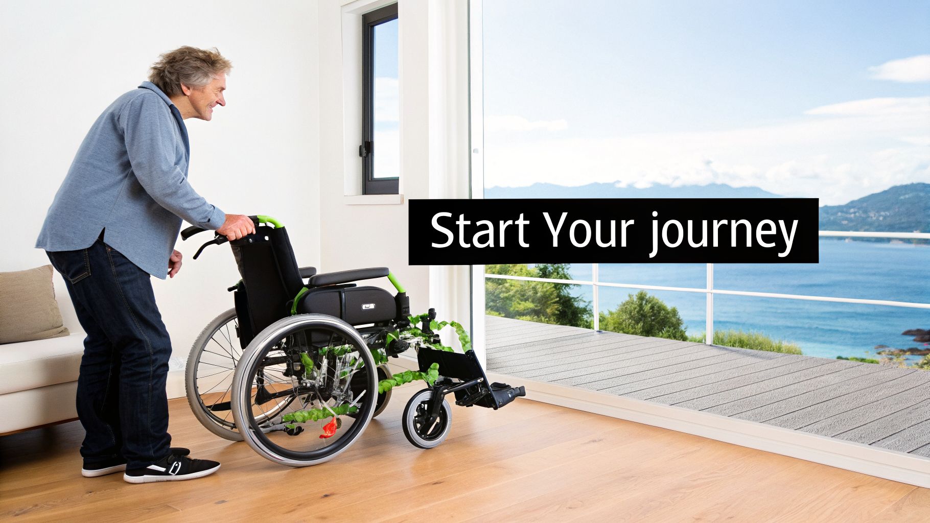 A smiling man with a wheelchair looks out at a beautiful ocean view, ready to start his journey.