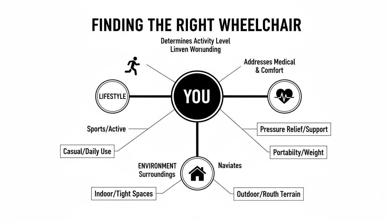 Diagram showing the key factors for finding the right wheelchair based on lifestyle, medical needs, and environment.