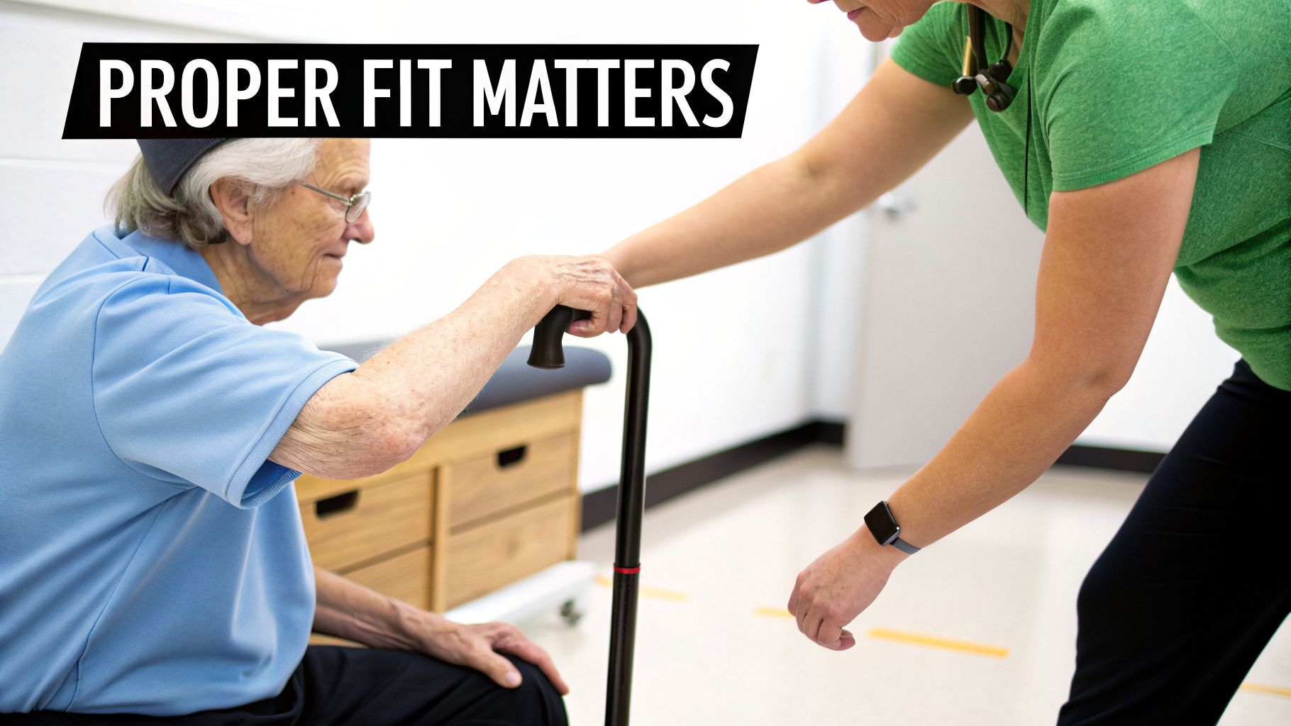 An elderly patient holds a walking cane as a medical professional assists in a therapy session.