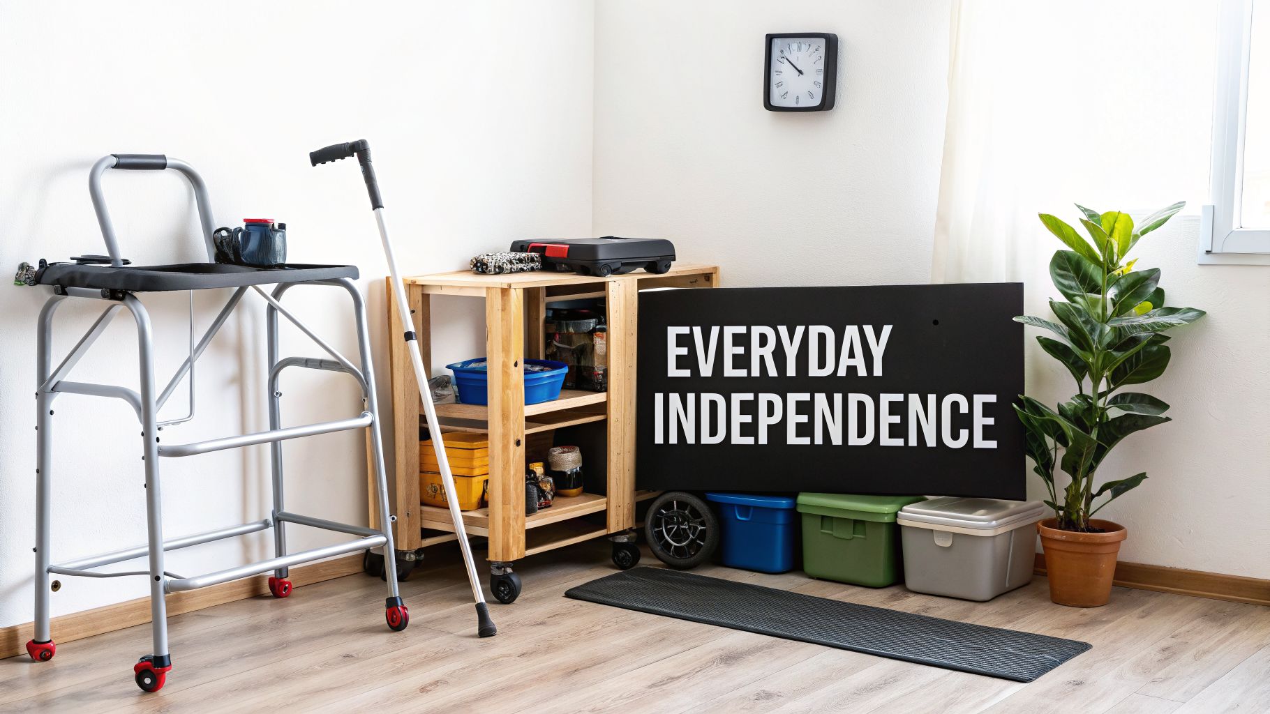 A room showcasing various daily living aids and equipment for promoting everyday independence.