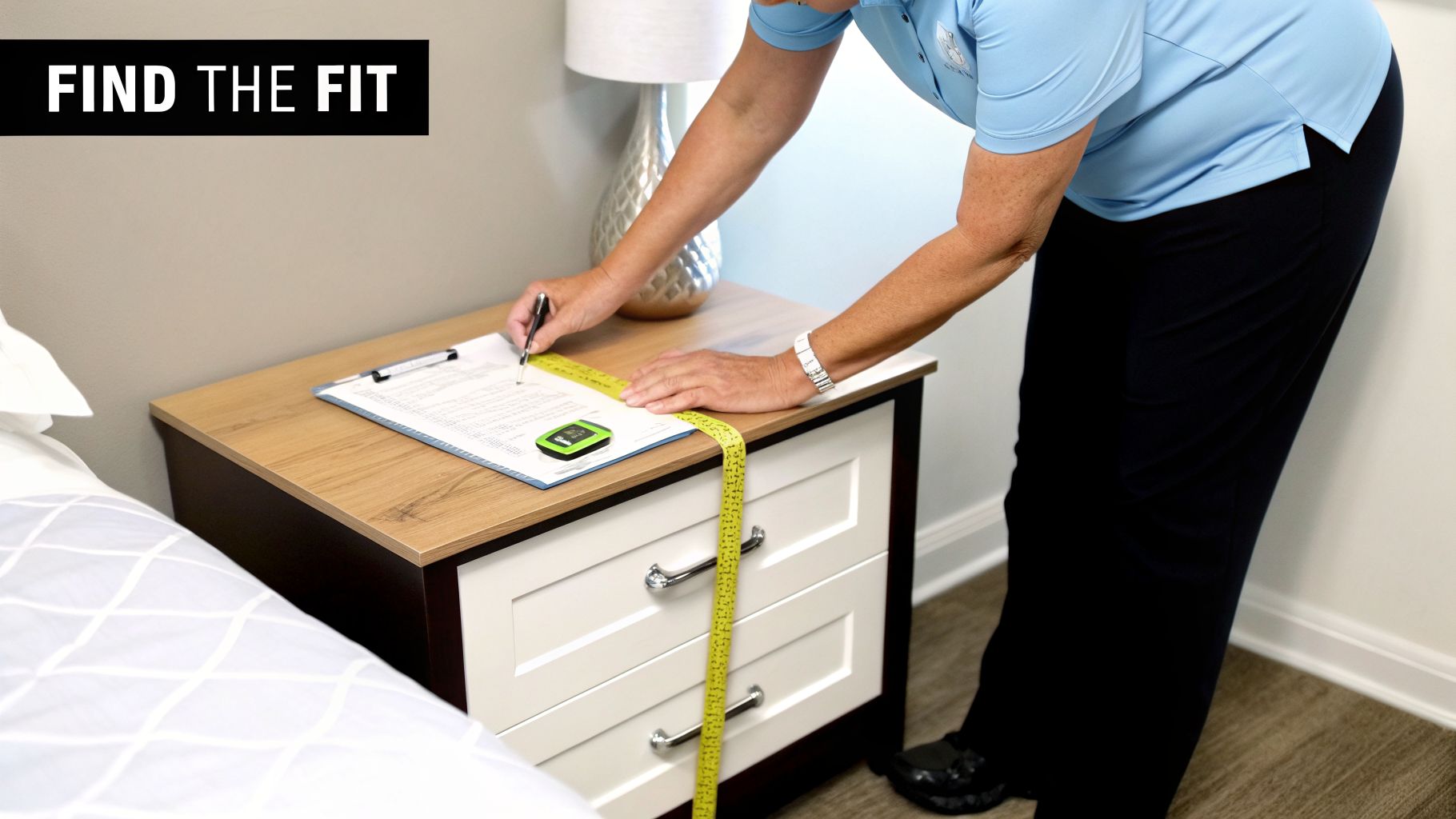 A person measures a nightstand next to a bed with a tape measure, writing notes on a clipboard.