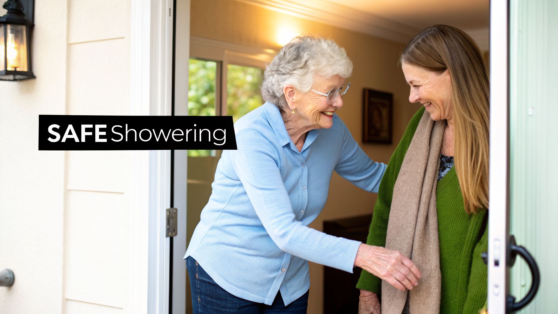 A smiling elderly woman assists a younger woman at a doorway, with "SAFE Showering" text overlay.