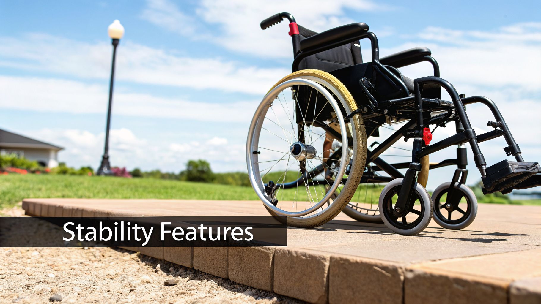 A black wheelchair is parked on an outdoor paved path with green grass and a sunny blue sky.