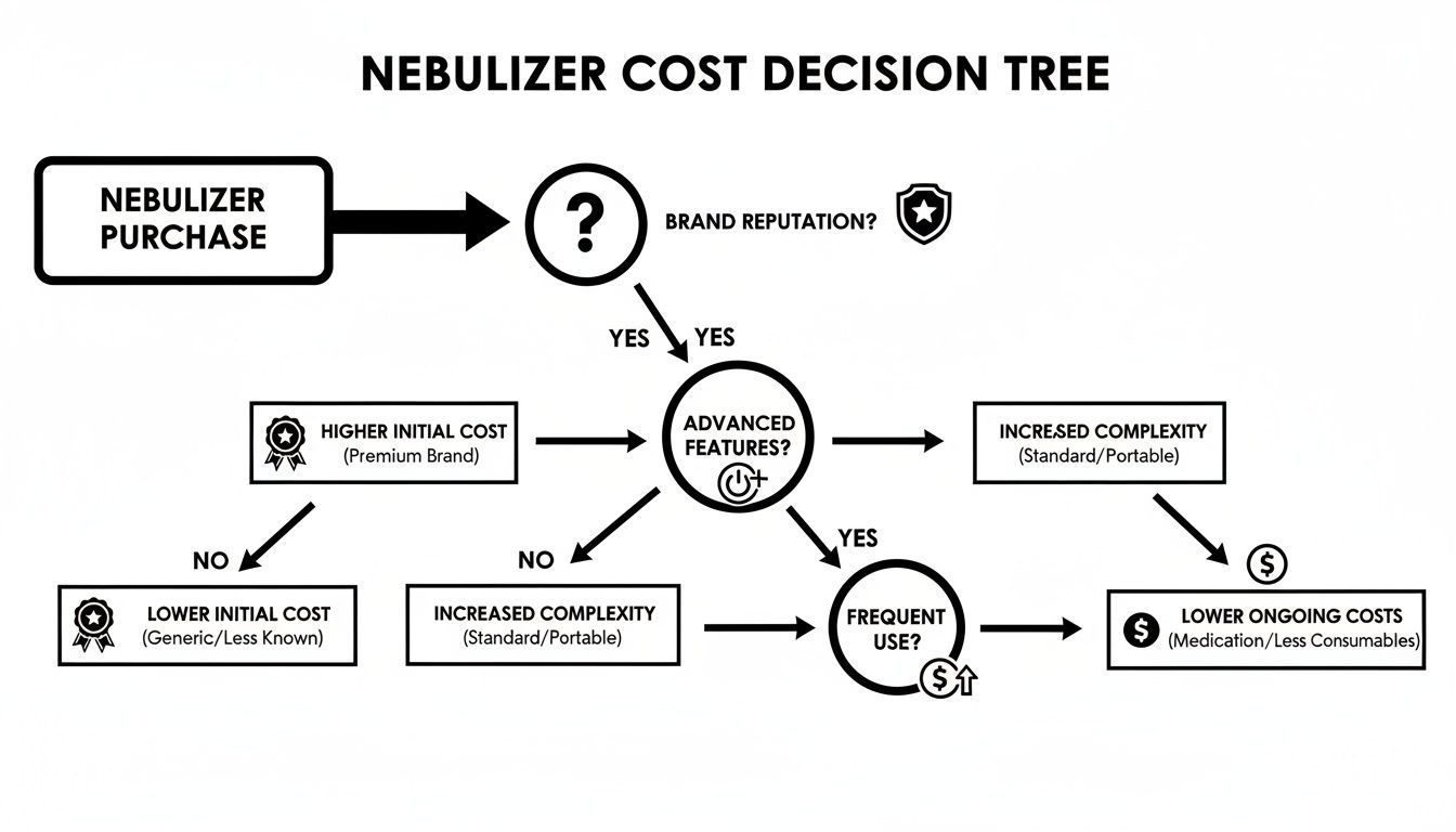 Decision tree illustrating factors affecting nebulizer purchase cost, including brand reputation, features, and usage.