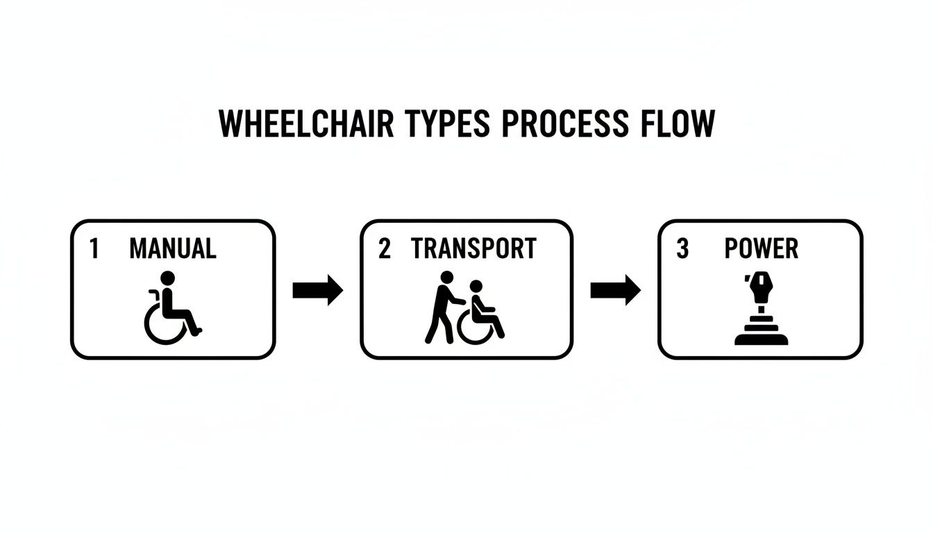 Process flow diagram illustrating three wheelchair types: Manual, Transport, and Power, with corresponding icons.