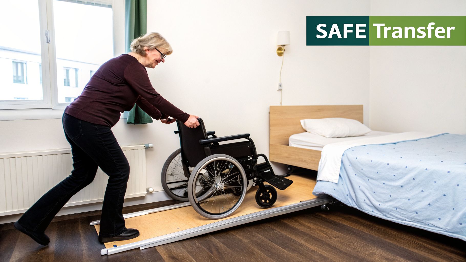 An elderly woman pushes a wheelchair up a transfer ramp to a bed, demonstrating safe transfer.