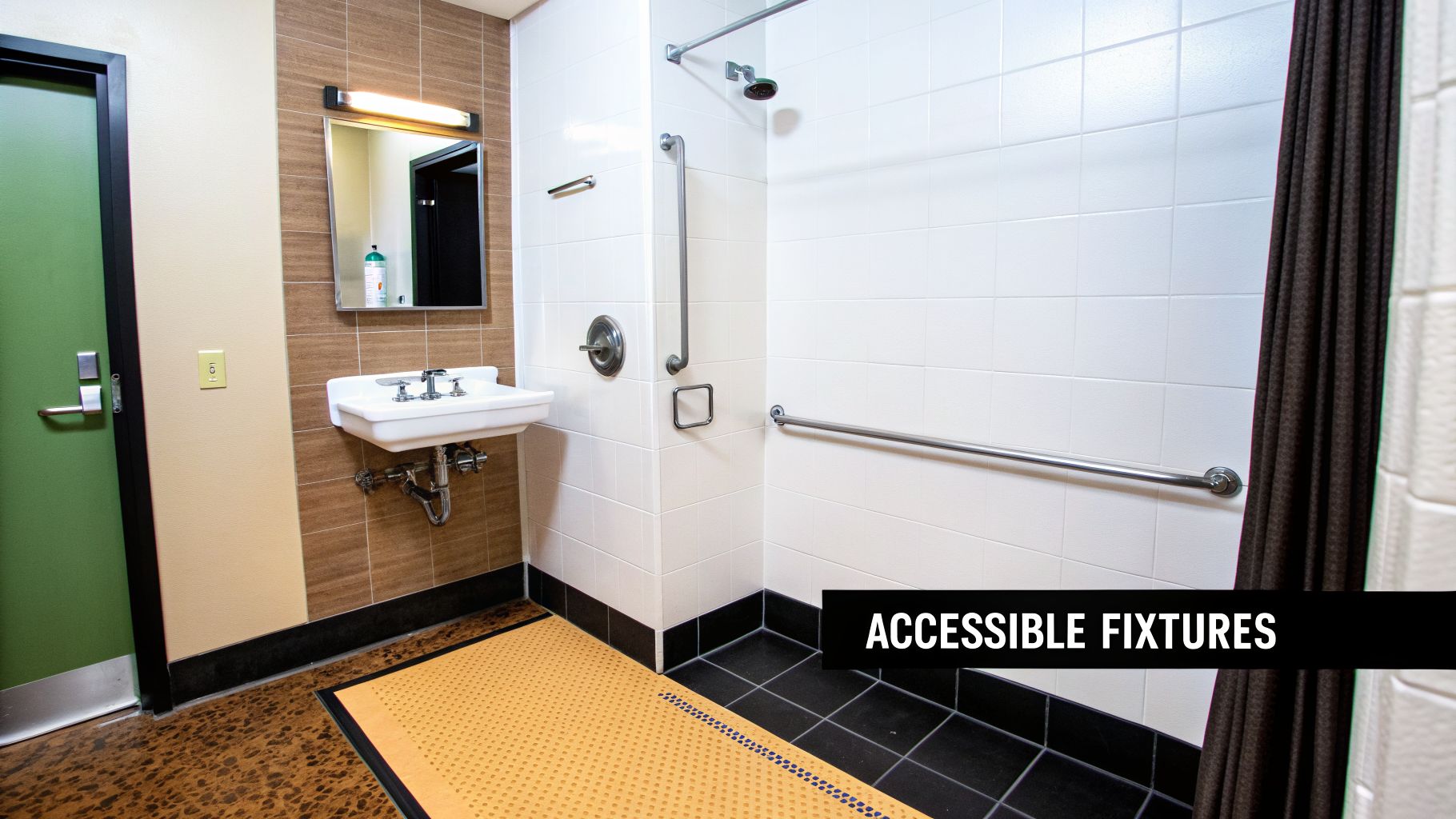 A modern wheelchair-accessible bathroom featuring a roll-in shower with grab bars, a wall-mounted sink, and a mirror.
