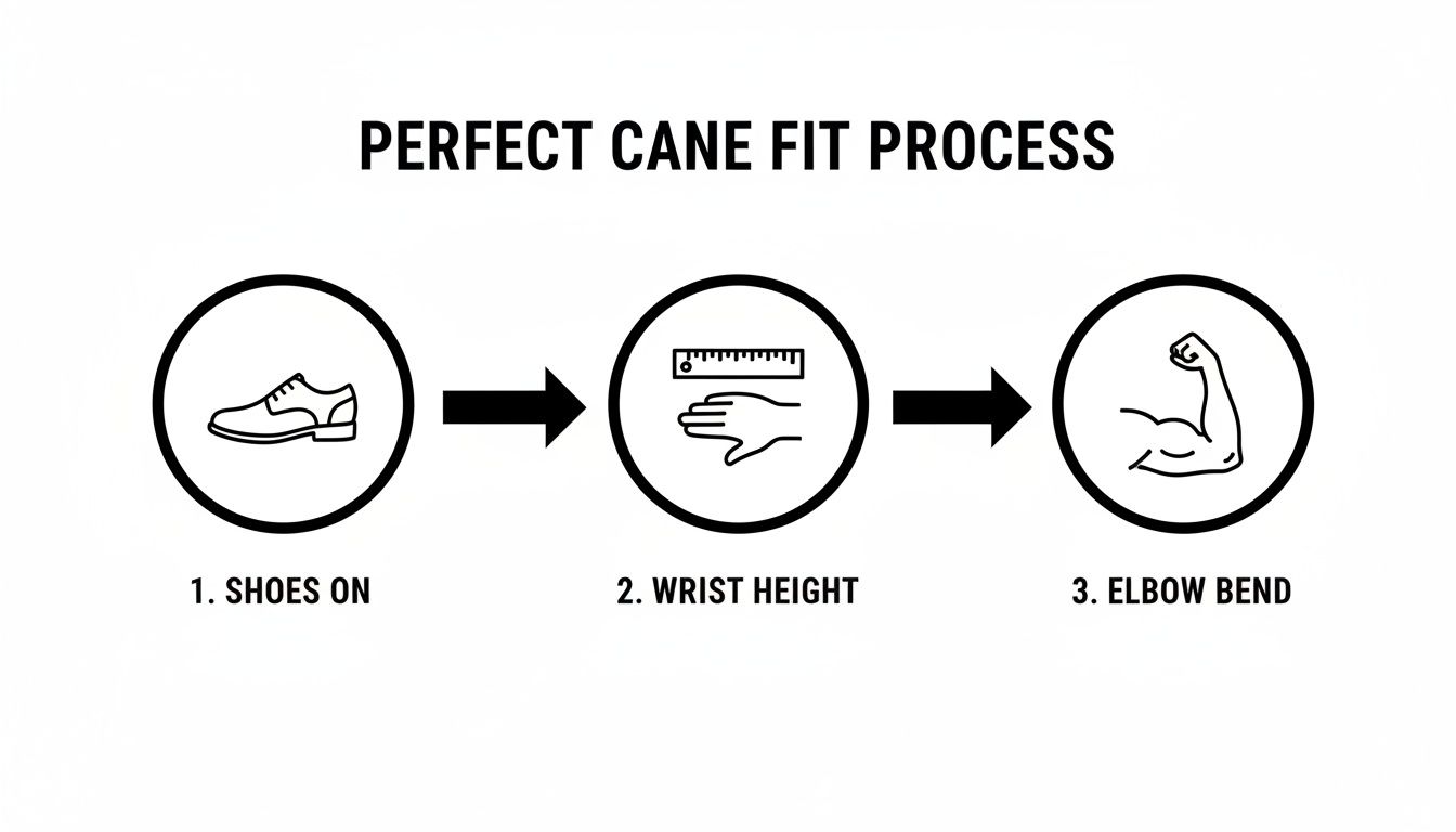 A flowchart illustrates the perfect cane fit process in three steps: shoes on, wrist height, and elbow bend.