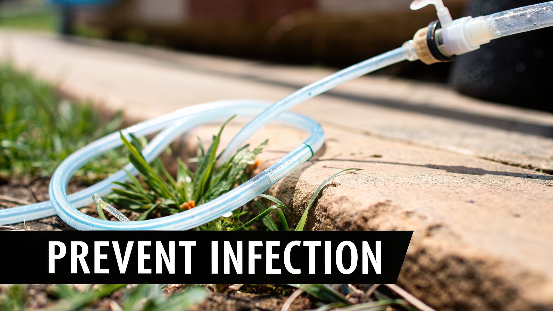 Clear medical tubing with a water trap and connector resting on stone and grass, with 'PREVENT INFECTION' text.