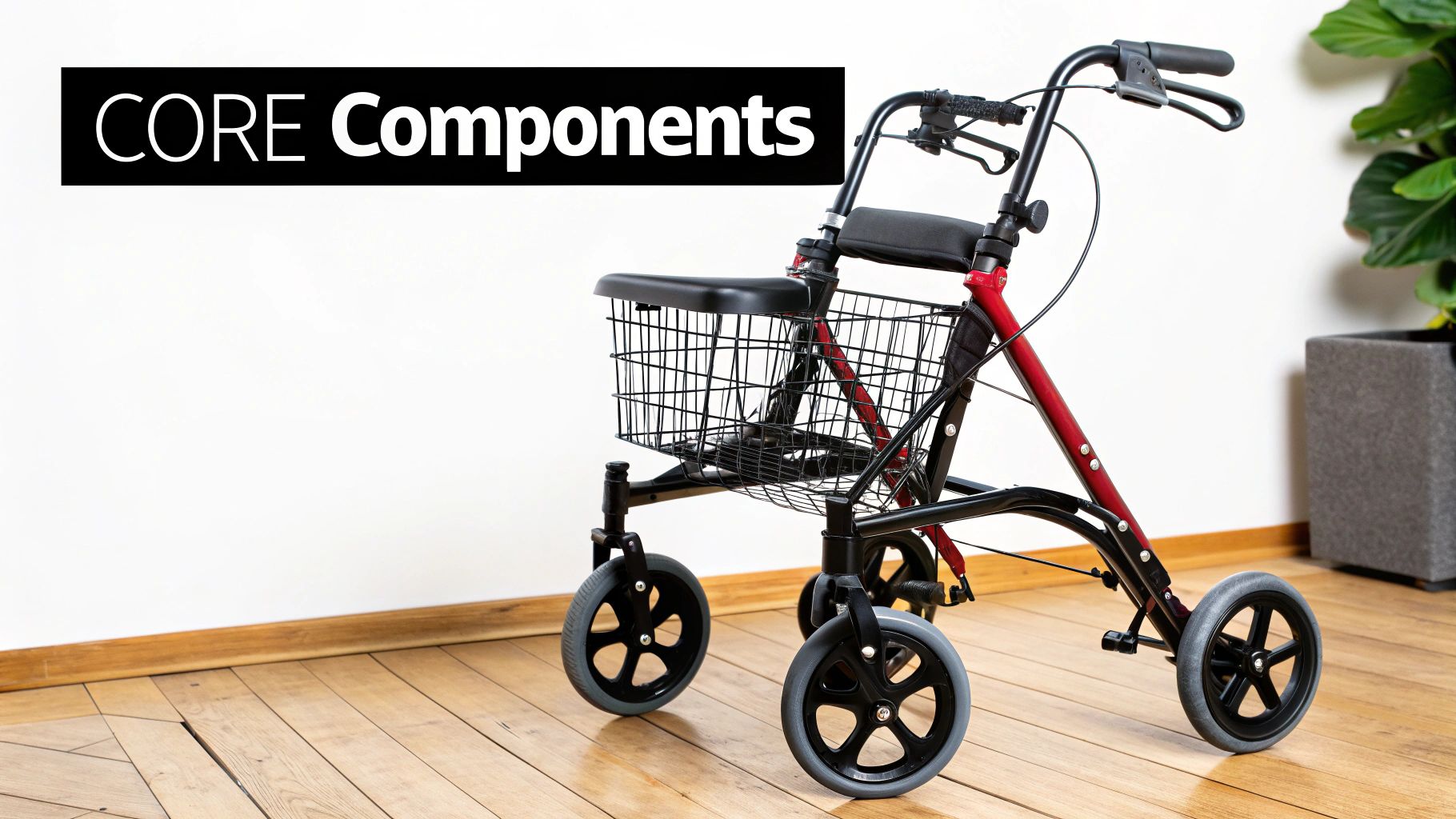 A red and black rollator walker with a seat, basket, and four wheels on a wooden floor.