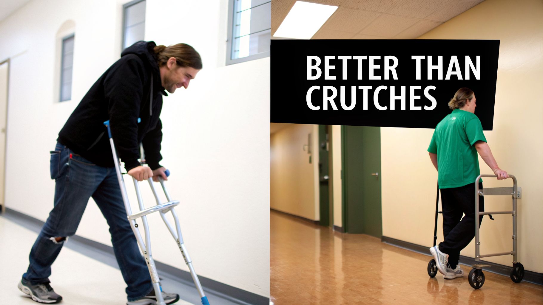 A man using crutches contrasted with a person easily using a knee walker, showcasing a better mobility alternative.