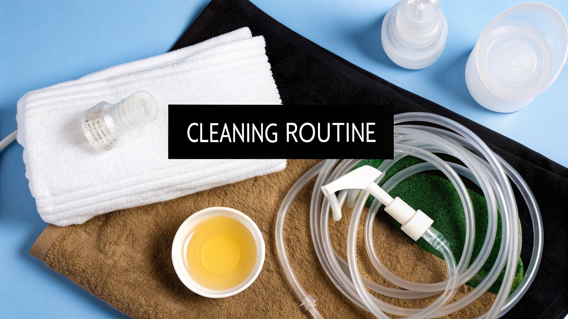A flat lay of various cleaning supplies, including white and brown towels, bottles, tubing, and a spray nozzle, with the text 'CLEANING ROUTINE'.