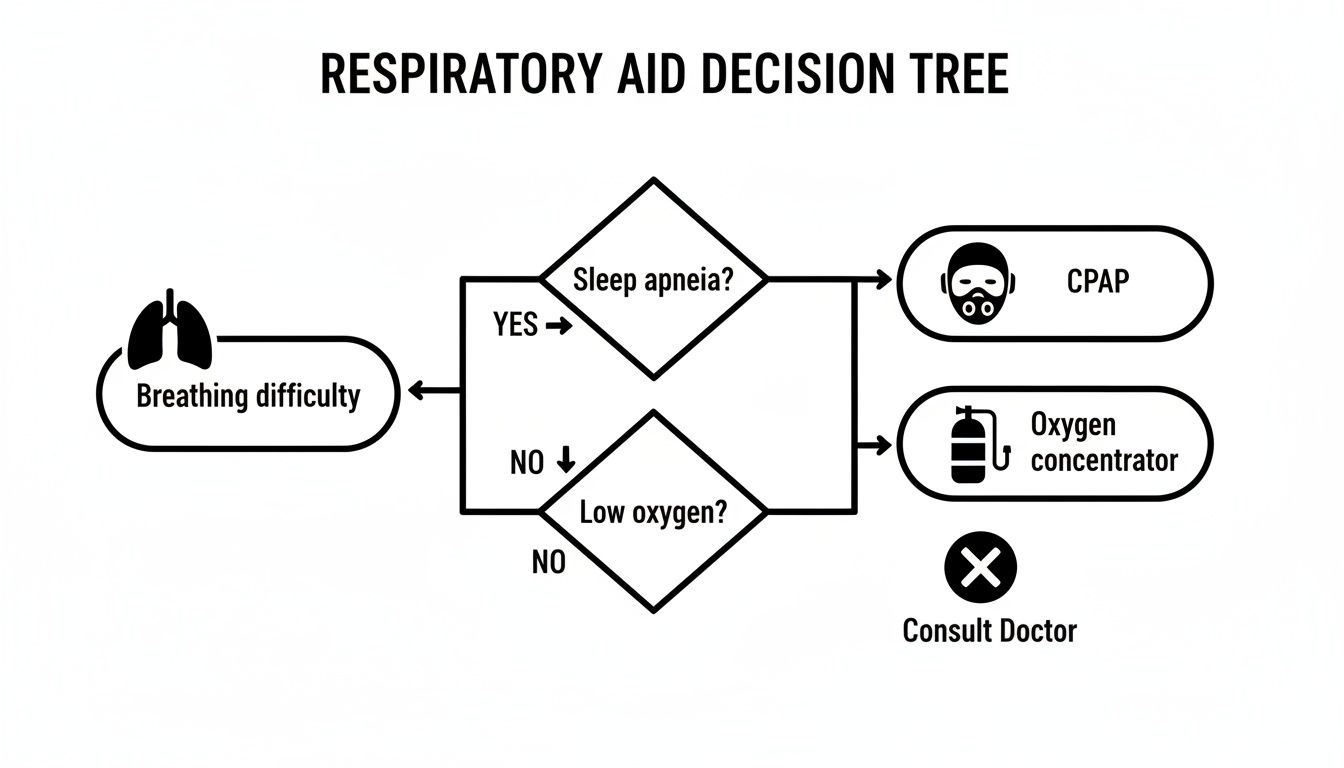 A respiratory aid decision tree, guiding from breathing difficulty to CPAP, oxygen concentrator, or doctor consultation.