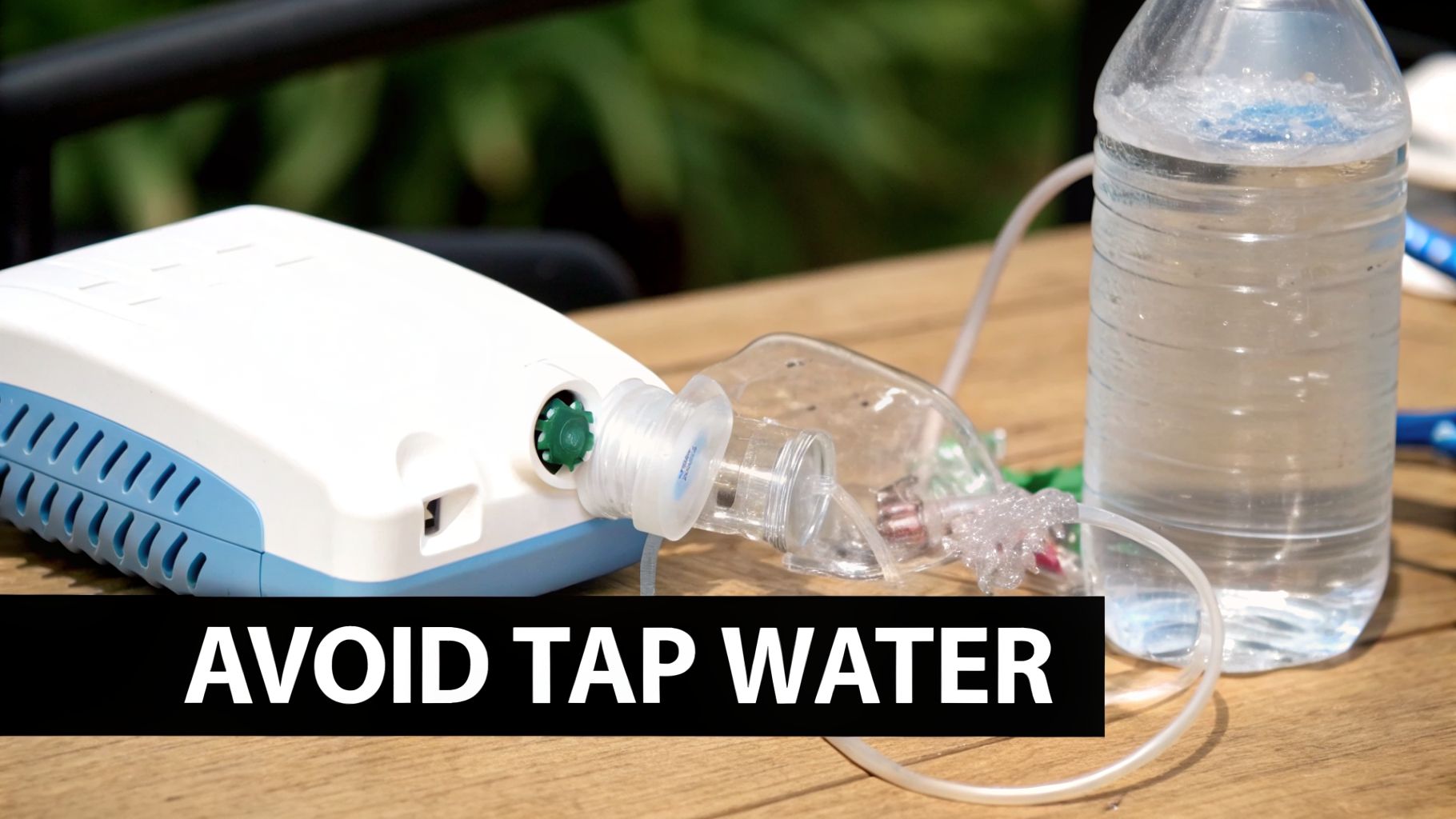 A nebulizer device on a wooden surface, connected to a clear water bottle, with an overlay text stating 'AVOID TAP WATER'.