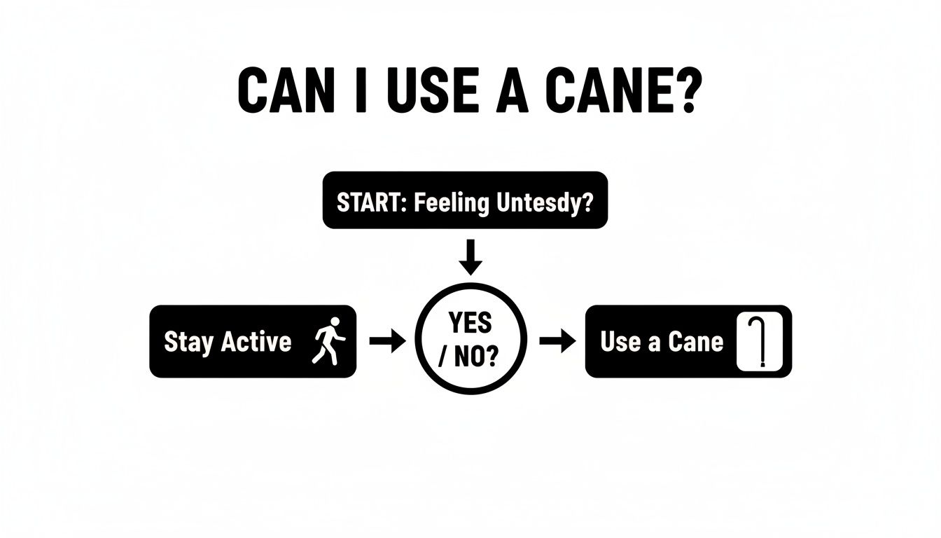 A flowchart titled 'Can I Use A Cane?' guides users on staying active or using a cane based on feeling unsteady.
