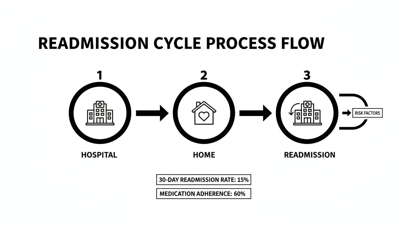 Flowchart illustrating the hospital readmission cycle from hospital to home and back to readmission, showing risk factors and key metrics.