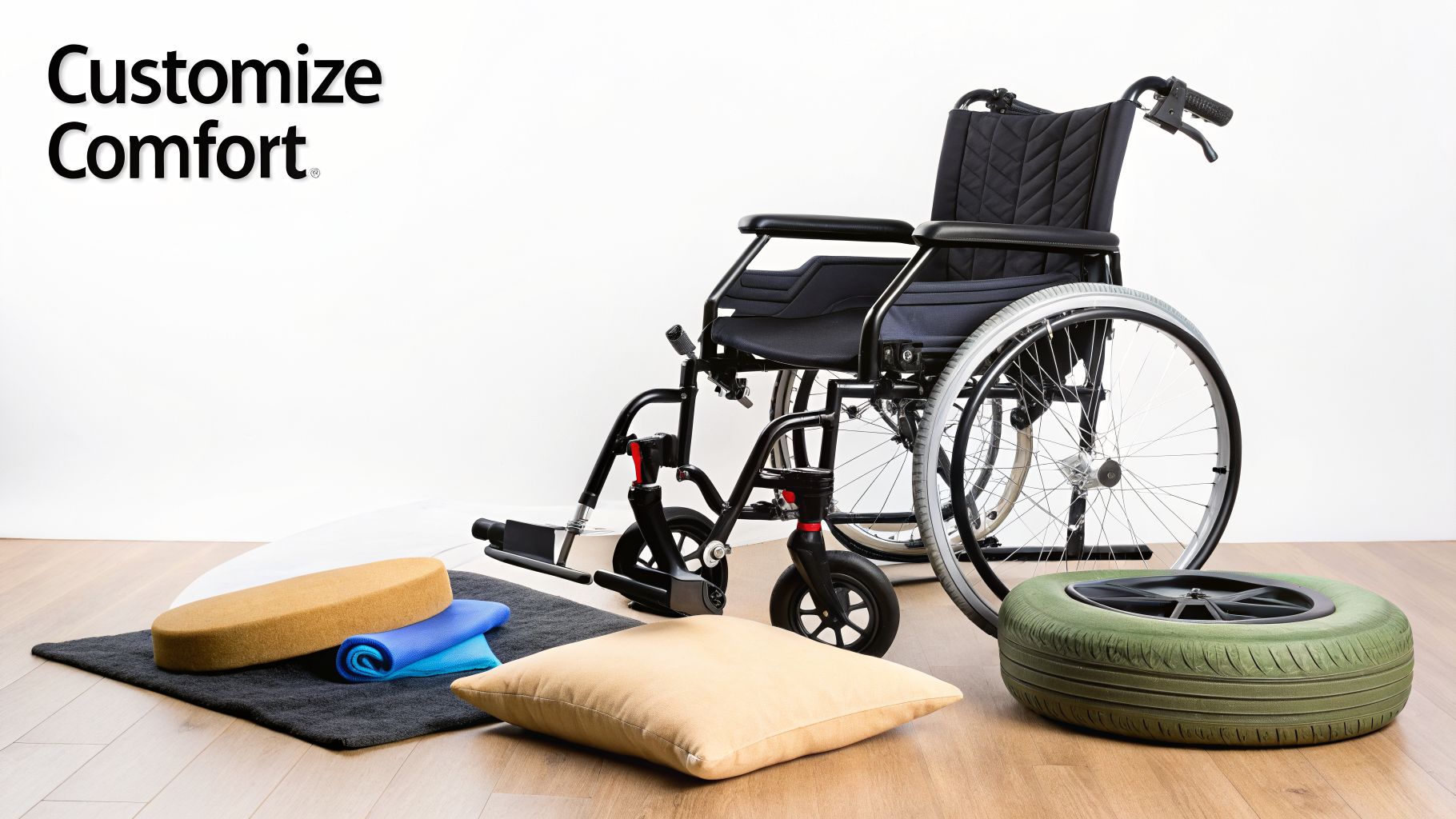 A black wheelchair with various cushions and a therapy mat on a wooden floor, promoting customized comfort.