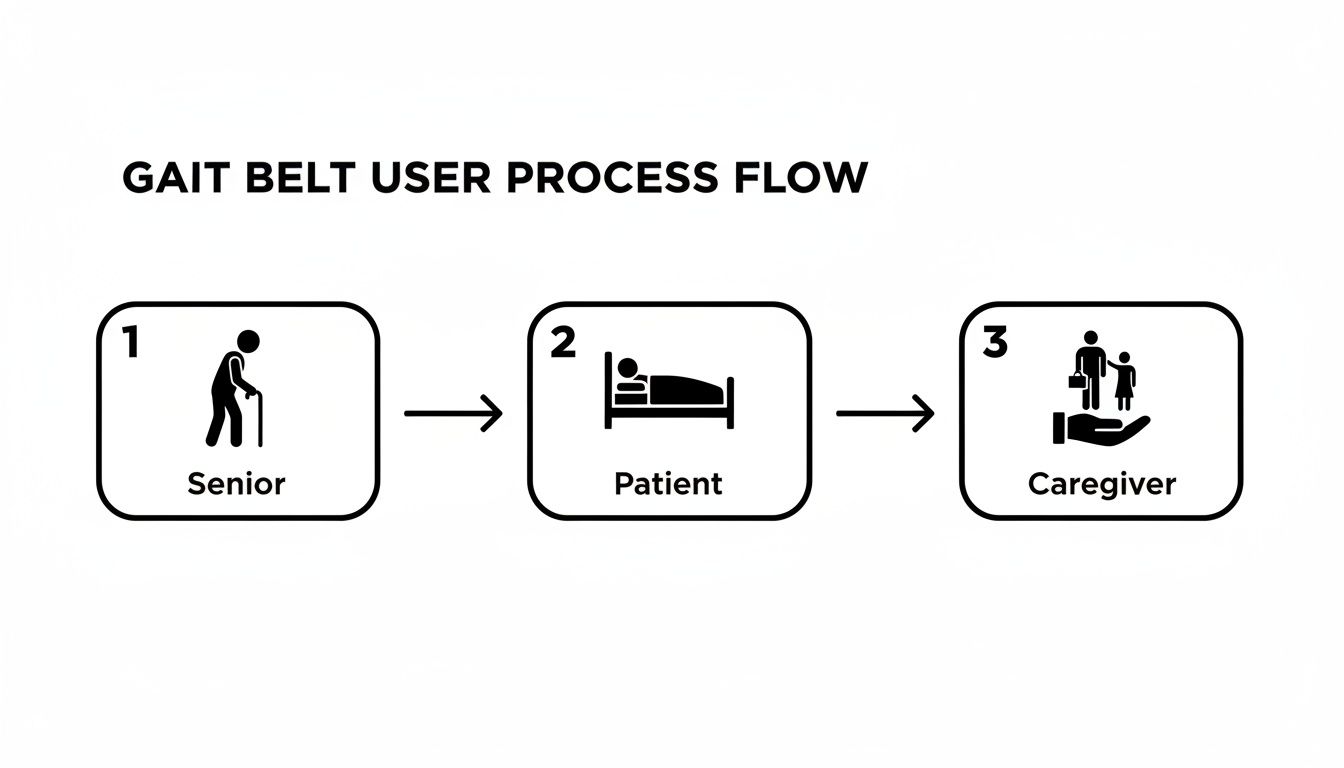 A process flow diagram illustrating the gait belt user journey, involving a senior, a patient, and a caregiver.