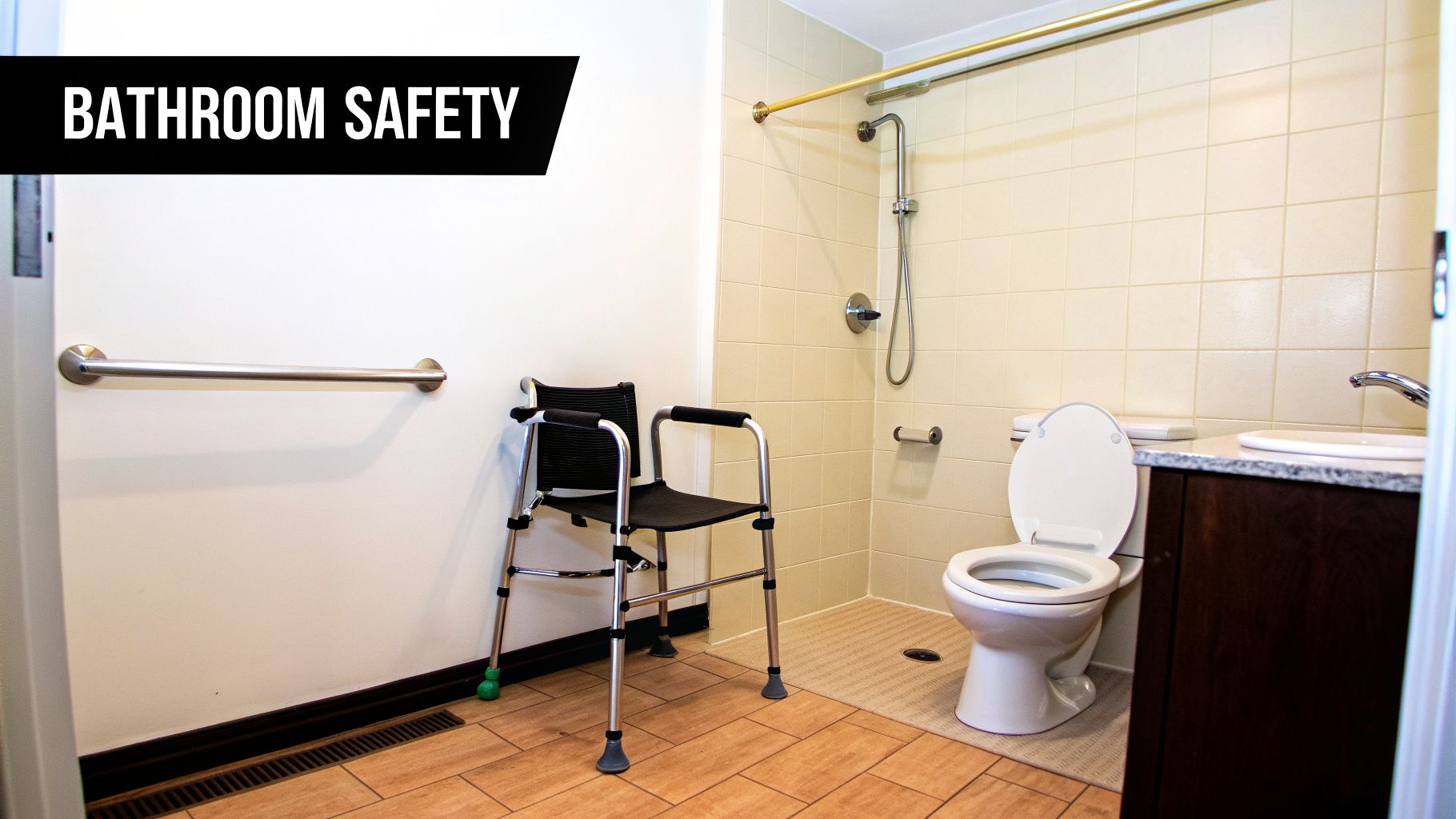 Accessible bathroom with grab bars, a shower chair, and toilet, promoting safety for daily living.