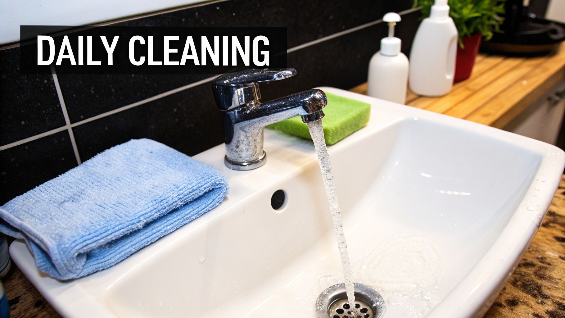 A kitchen sink with running water, a blue cloth, a green sponge, and cleaning bottles, text 'DAILY CLEANING'.