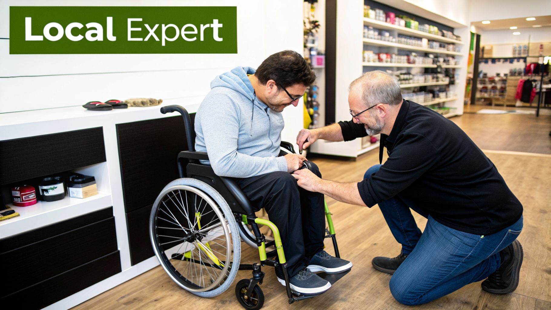 A man in a wheelchair receives assistance from a helpful expert adjusting his mobility device.