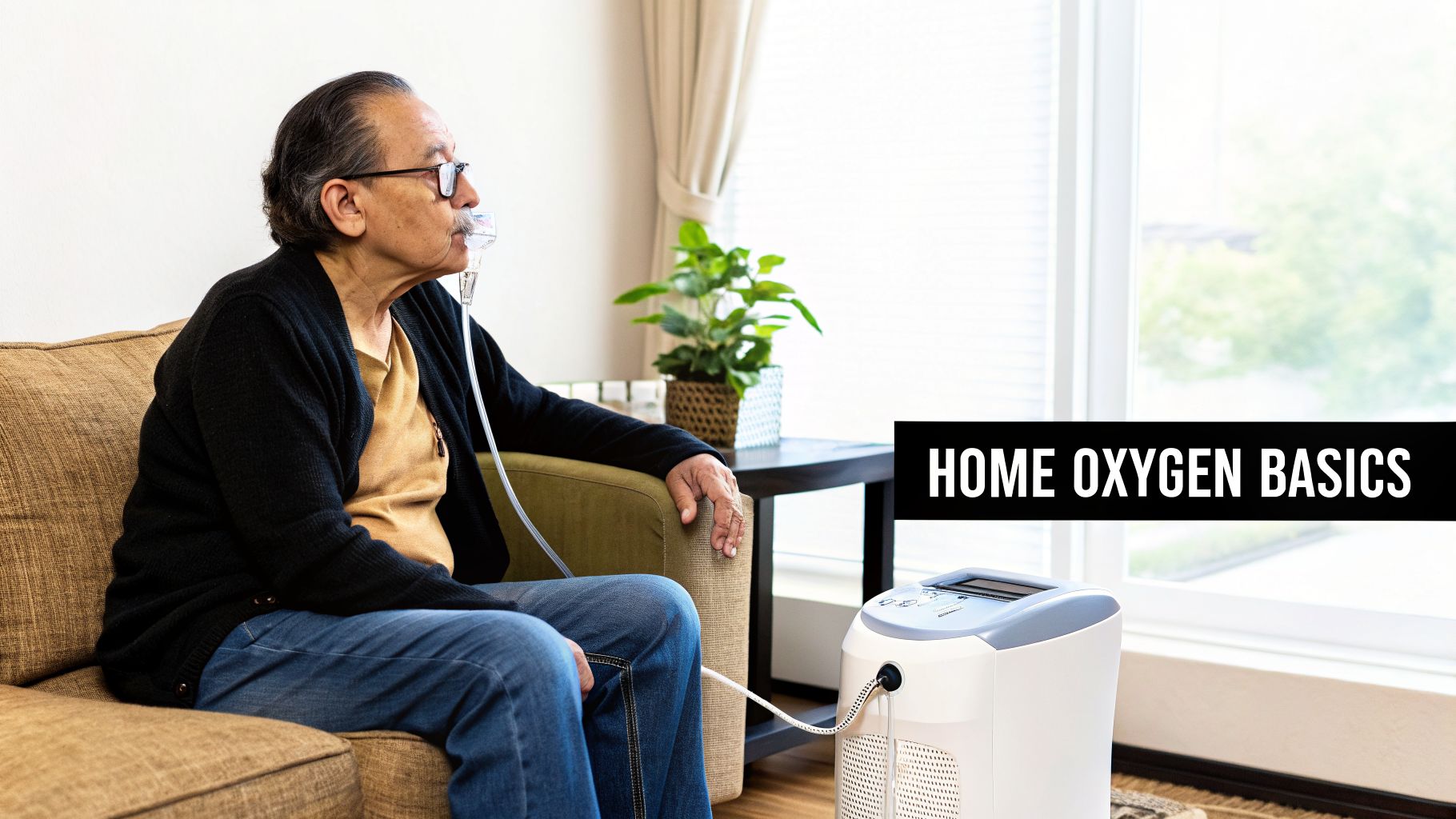 An elderly man wearing glasses sits on a couch, using a nasal cannula for oxygen therapy.