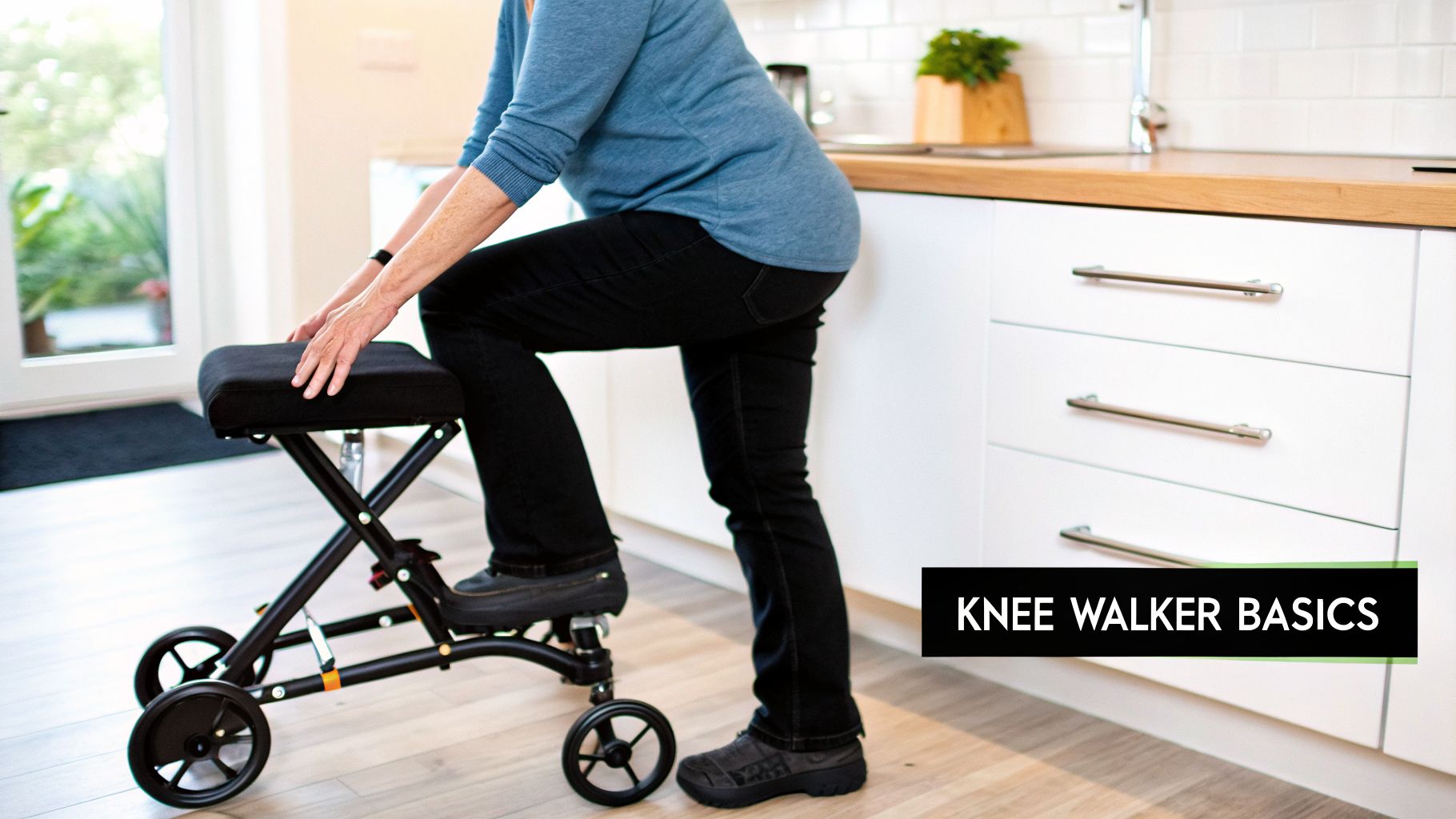 A person with hands on a black knee walker, standing in a bright home interior.