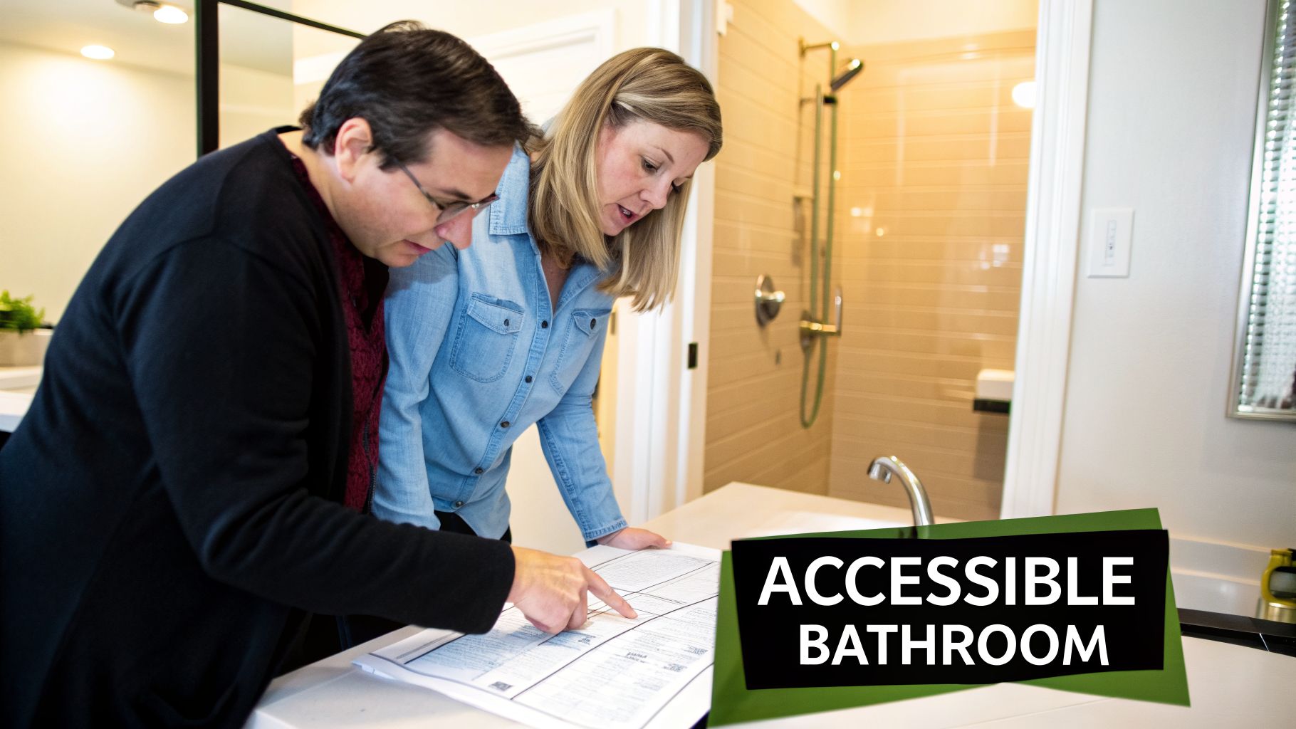 Two people reviewing plans for a modern, accessible bathroom with a walk-in shower.