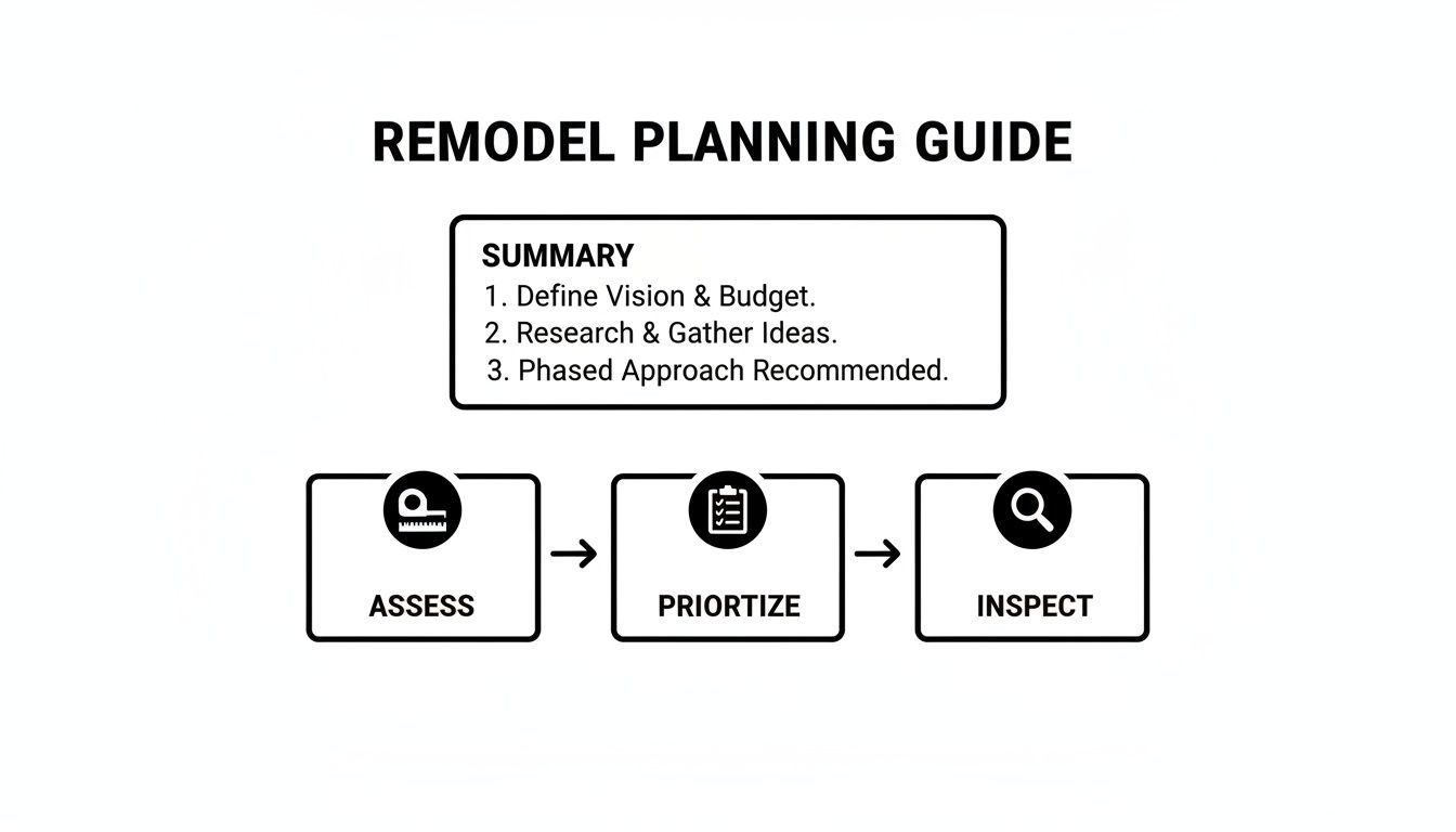 A remodel planning guide with a summary and a three-step process: Assess, Prioritize, Inspect.