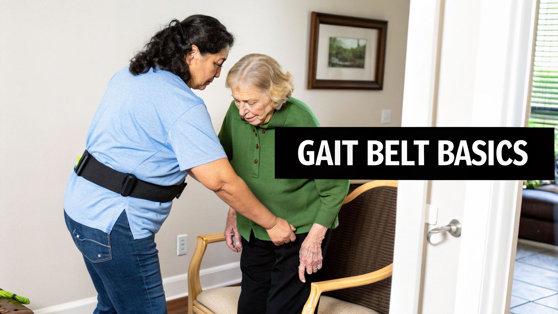 A caregiver assists an elderly woman standing up, with the caregiver wearing a gait belt.